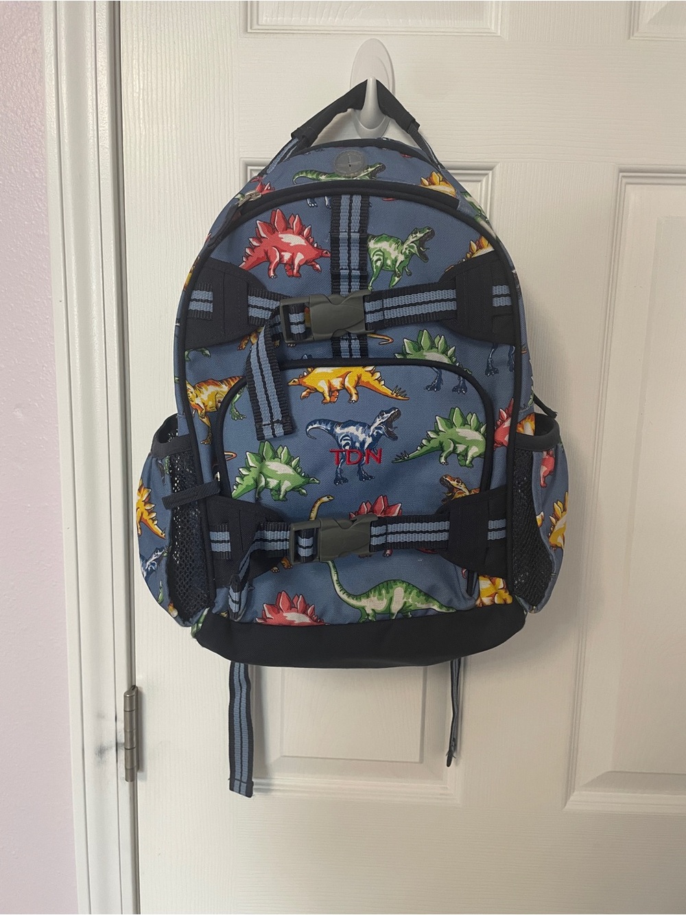 Pottery Barn Kids Blue Dinosaur Backpack with Multicolor Dino Prints